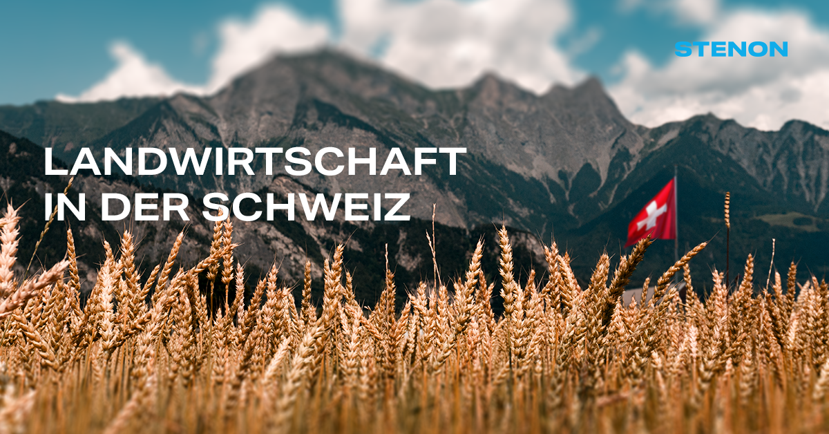 Im Hintergrund Berge, davor ein Getreidefeld mit der Schweizer Flagge - Titel: Landwirtschaft in der Schweiz