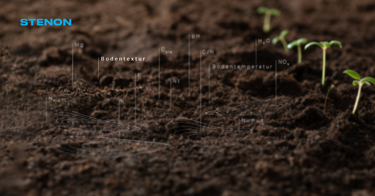 Die Darstellung eines Erdbodens und verschiedener Parameter, die digital dargestellt aus diesem herausragen; das Wort "Bodentextur" ist hervorgehoben