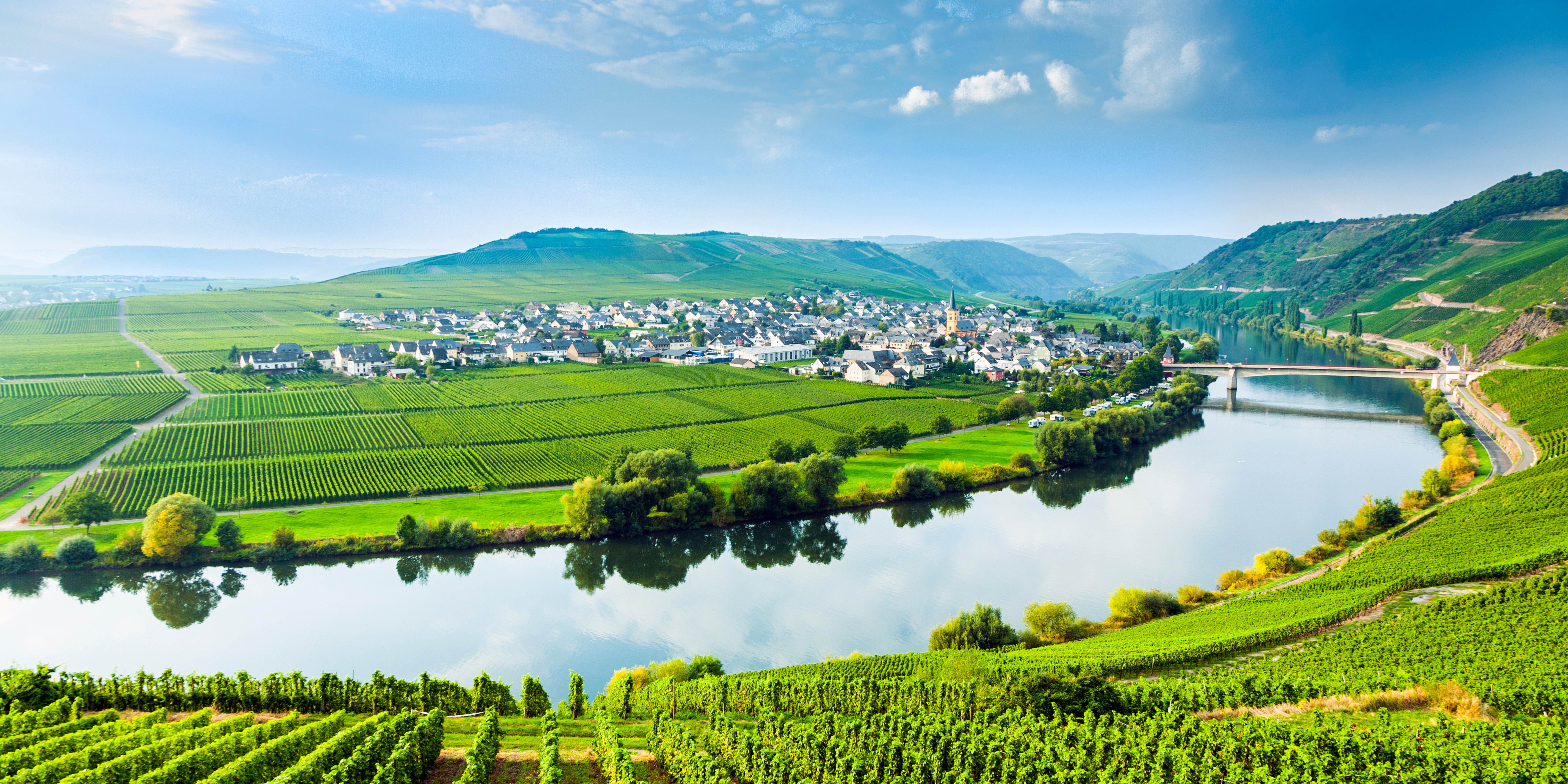 Ein Fluss, der durch ein Tal fließt - am Ufer befinden sich ein Dorf und Weinreben
